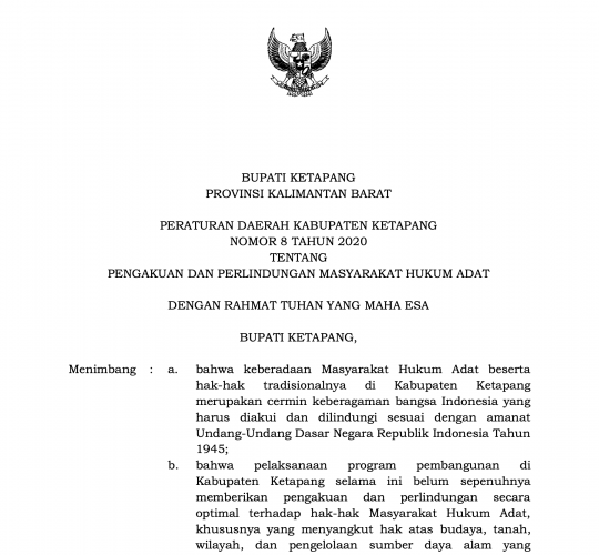 PERDA Kabupaten Ketapang No. 8 Tahun 2020 Tentang Pengakuan dan Perlindungan Masyarakat Adat